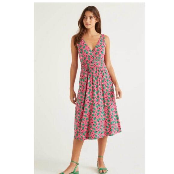 Boden Effie Jersey Pink Midi Dress Size 16/18R Lime Print Sleeveless V-Neck - Picture 1 of 8